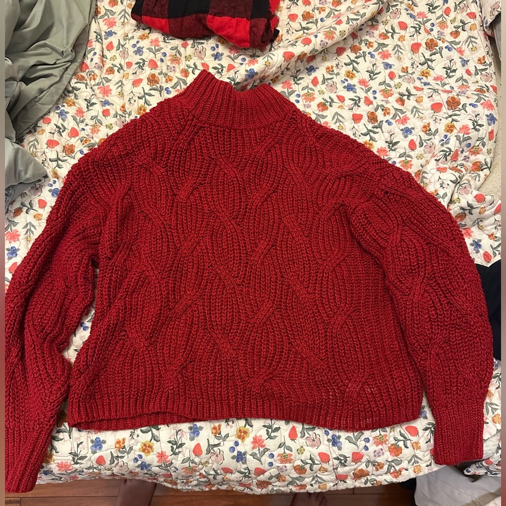 American Eagle, red sweater, mock neck, cropped